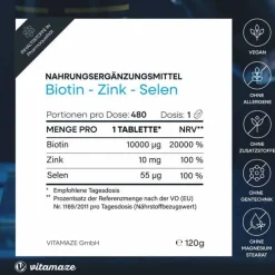 Vitamaze Biotin 10 mg hochdosiert + Zink + Selen Tabletten, 480 St><noscript><img width=