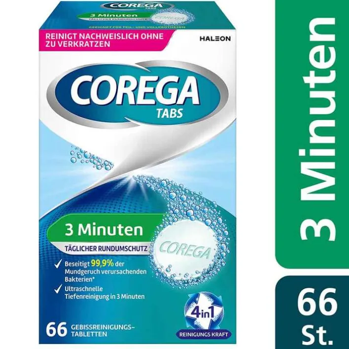 Corega TABS 3 Minuten, für herausnehmbaren Zahnersatz/ dritte Zähne, 66 St> Für Zahnprothesen