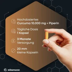 Curcuma 10.000 + Piperin hochdosiert vegan Kapseln, 90 St