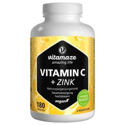 Vitamaze Vitamin C 1000 mg hochdosiert + Zink vegan Tabletten, 180 St> Zink|Vitamin C (Ascorbinsäure)