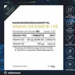 Vitamaze Vitamin D3 K2 5000 I.E. / 100 µg hochdosiert Tabletten , 180 St><noscript><img width=