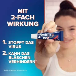 Zovirax ® DUO Creme bei Lippenherpes. 5 % Aciclovir, 1 % Hydrocortison, 2 g><noscript><img width=