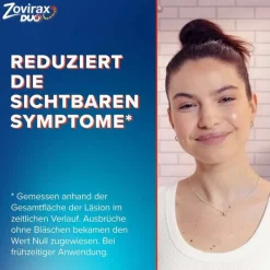 Zovirax ® DUO Creme bei Lippenherpes. 5 % Aciclovir, 1 % Hydrocortison, 2 g><noscript><img width=