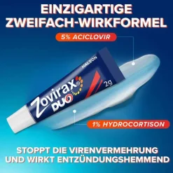Zovirax ® DUO Creme bei Lippenherpes. 5 % Aciclovir, 1 % Hydrocortison, 2 g><noscript><img width=